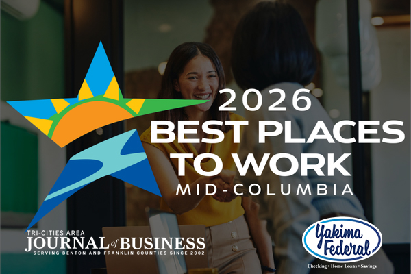 Banner announcing '2026 Best Places to Work – Mid-Columbia' with a colorful star logo and sponsor logos (Tri-Cities Journal of Business, Yakima Federal).