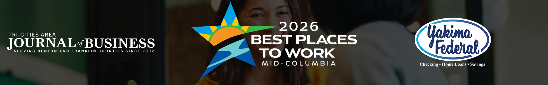 Banner header featuring logos for Tri-Cities Area Journal of Business, 2026 Best Places to Work Mid-Columbia, and Yakima Federal Credit Union.